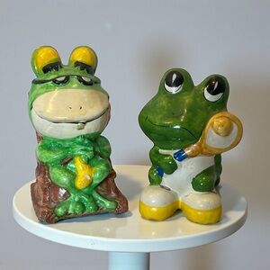 Pair Vintage Frog Piggy Bank  Decor Paper Mache Granny Tennis Player